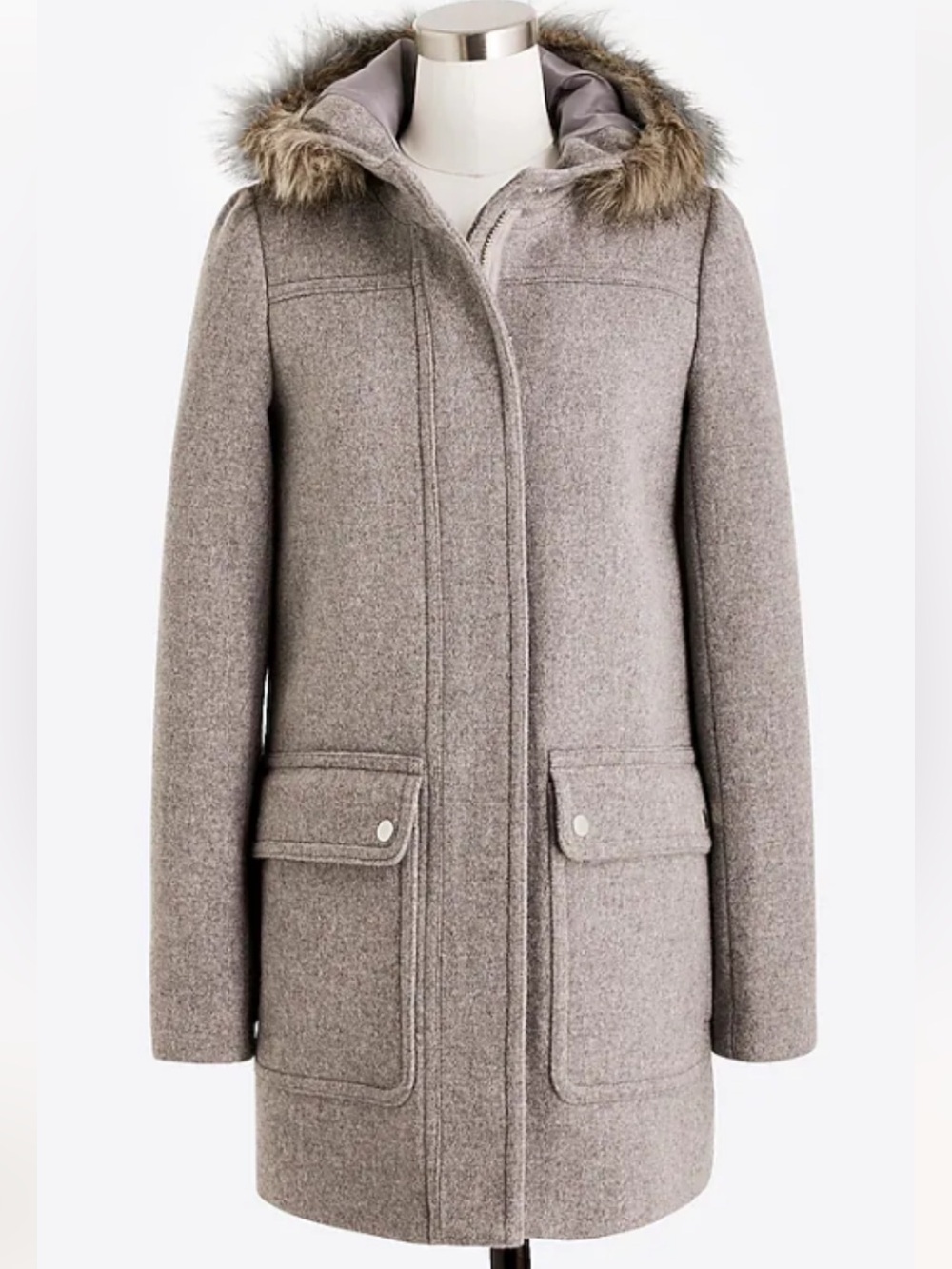 J. Crew Wool-Blend Faux Fur Hooded Parka Coat in Grey Size 2